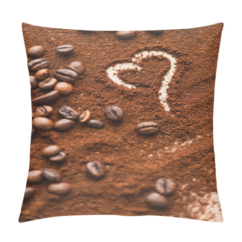 Personality  Selective Focus Of Heart Drawn On Ground Coffee Near Beans Pillow Covers