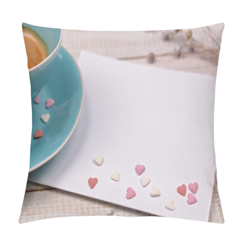 Personality  Cup Of Coffee And Empty Blank Paper On White Wooden Table Decorated With Heart Shaped Sweets, Copy Space. Love, Valentine Day, Birthday Pillow Covers