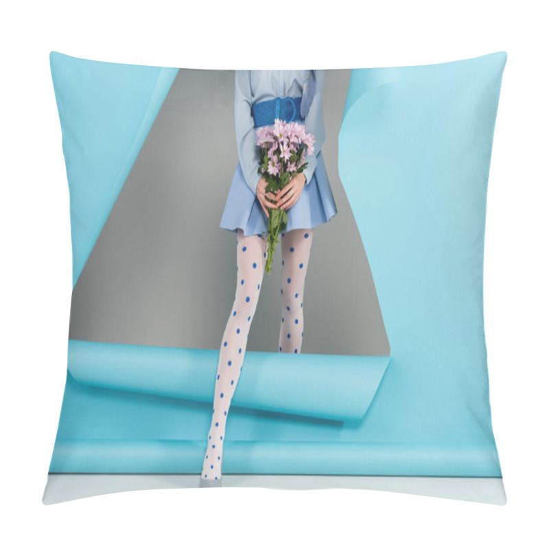 Personality  Partial View Of Glamour Woman With Chrysanthemums Stepping Out Hole In Blue Paper On Grey Background Pillow Covers