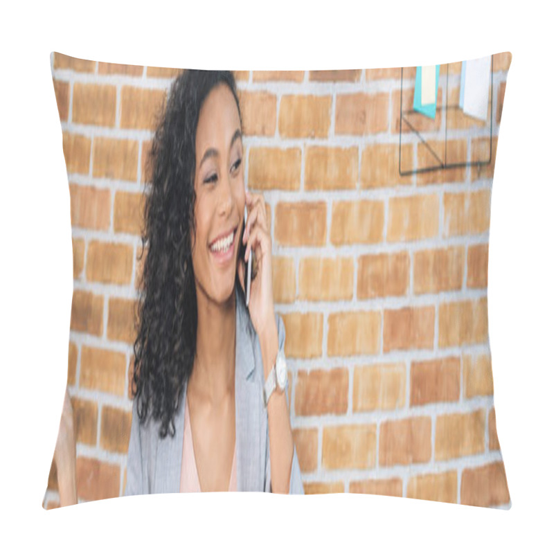 Personality  Panoramic Shot Of Smiling African American Casual Businesswoman Talking On Smartphone Pillow Covers