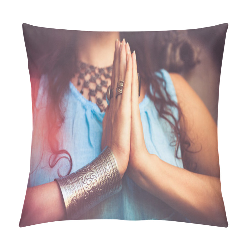 Personality  Close Up Of Woman Hands In Namaste Gesture Pillow Covers