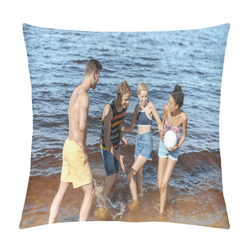 Personality  Happy Interracial Group Of Friends With Volleyball Ball Having Fun By Sea Pillow Covers