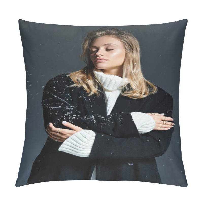 Personality  Elegant Woman Wearing Warm Clothing Enjoys A Serene Moment Amidst Soft Snowflakes. Pillow Covers