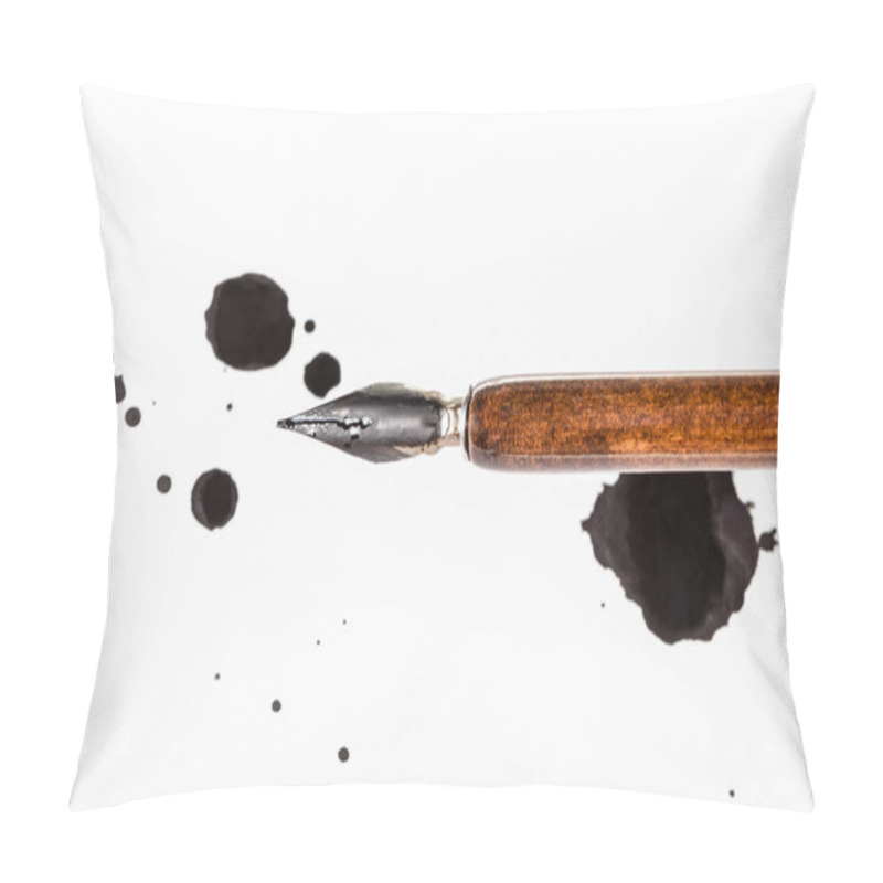 Personality  Top View Of Brown Dip Pen And Black Ink Blots On White Paper Pillow Covers