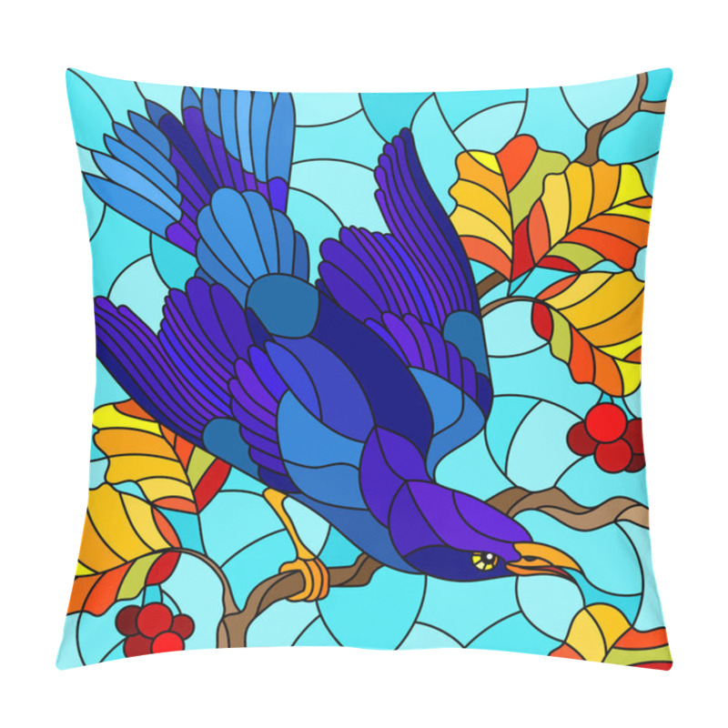 Personality  Illustration In The Style Of Stained Glass With A Beautiful Bright Blue Bird  On A  Background Of Autumn Branch Of Tree And Sky Pillow Covers