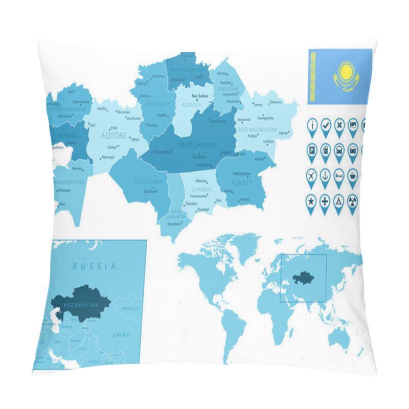 Personality  Kazakhstan Detailed Administrative Blue Map With Country Flag And Location On The World Map. Pillow Covers