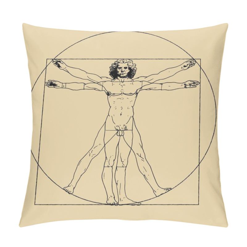 Personality  Vitruvian Man Drawing By Leonardo Da Vici. Clean Vector Illustration Of Famous Drawing. Vintage Scheme Of Proportions Of Human Body. Pillow Covers