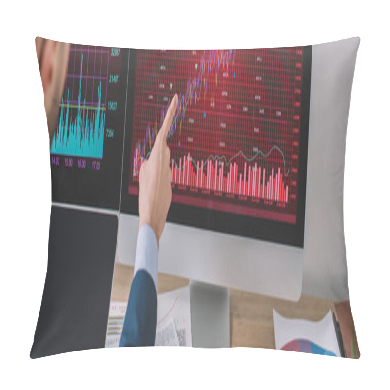 Personality  Cropped View Of Data Analyst Pointing On Charts On Computer Monitor Near Laptop With Blank Screen On Table, Panoramic Shot  Pillow Covers