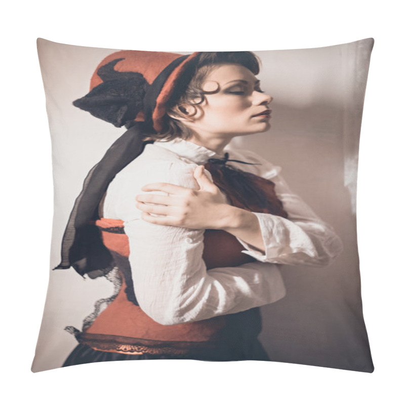 Personality  Young Beautiful Dark-haired Woman In A Felt Hat, Long Black Skirt And Red Corset Pillow Covers