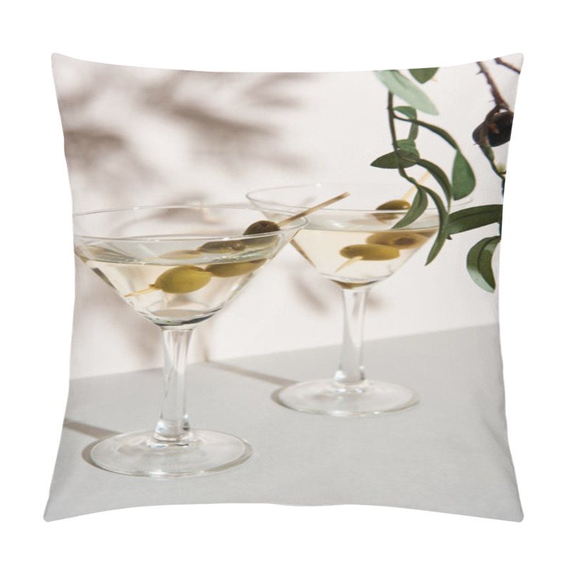 Personality  Glasses Of Martini And Olive Branch On White Background Pillow Covers