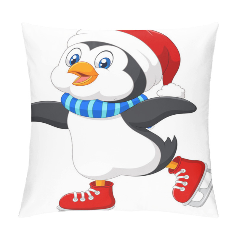 Personality  Cute Cartoon Penguin Doing Ice Skating Isolated On White Background Pillow Covers