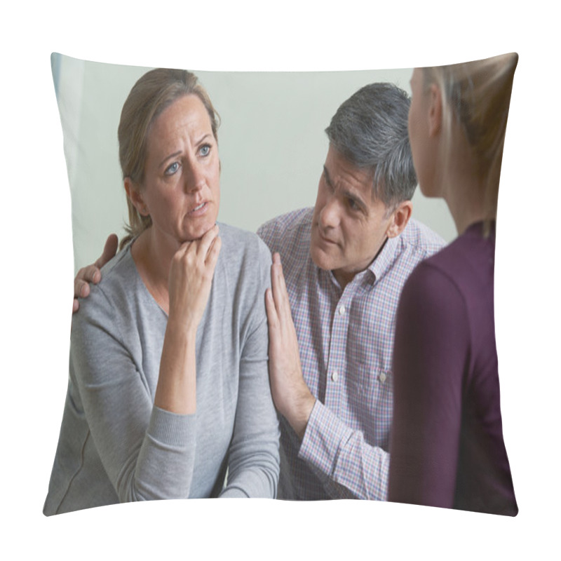 Personality  Mature Couple Talking With Counsellor As Man Comforts Woman Pillow Covers