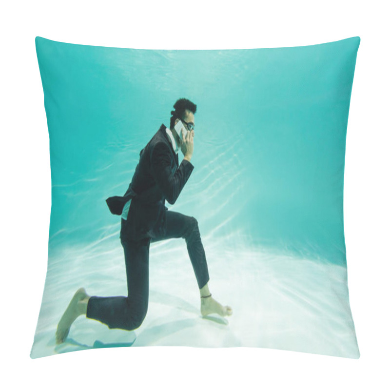 Personality  Arabian Businessman In Suit And Googles Talking On Smartphone In Swimming Pool  Pillow Covers