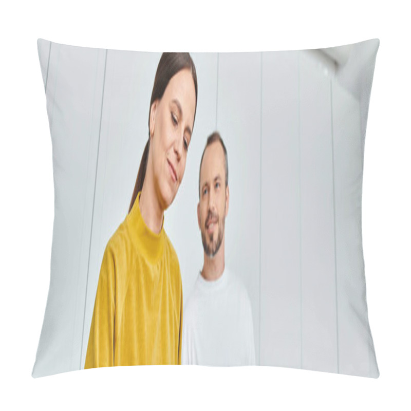 Personality  Happy Husband Looking At Beloved Wife Smiling In Kitchen, Child Free Couple, Horizontal Banner Pillow Covers