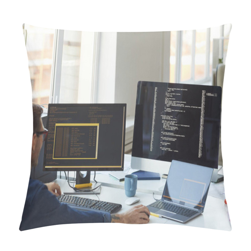 Personality  Back View Portrait Of Male Programmer Writing Code At Computer Screen In IT Developers Office , Copy Space Pillow Covers