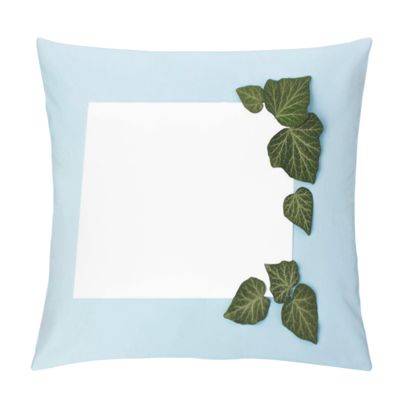 Personality  Frame And Green Leaves On Blue Background. Paper Blank. Creative Arrangement Of Green Ivy Leaves. Pillow Covers