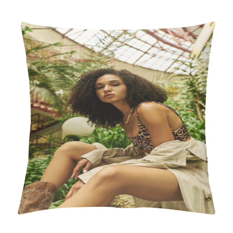 Personality  Young African American Woman With Curly Hair Posing In Her Trendy Look In A Botanical Setting Pillow Covers