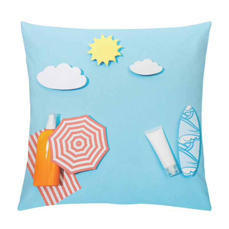 Personality  Top View Of Paper Cut Beach With Bottle And Tube Of Sunscreen On Blue Background Pillow Covers