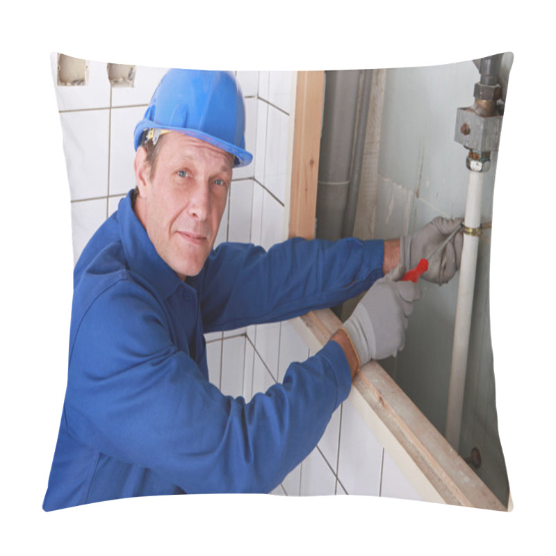 Personality  Plumber Fixing Water Supply In Bathroom Pillow Covers