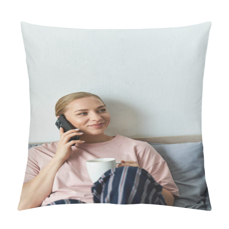 Personality  A Young Beautiful Plus Size Woman Relaxes At Home, Sipping Her Tea And Enjoying A Phone Call. Pillow Covers