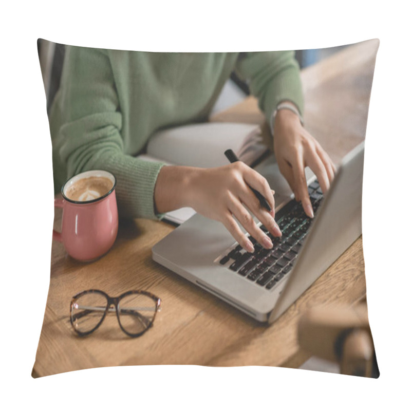 Personality  Cropped View Of African American Woman Holding Pen While Typing On Laptop Keyboard Near Cup Of Coffee Pillow Covers