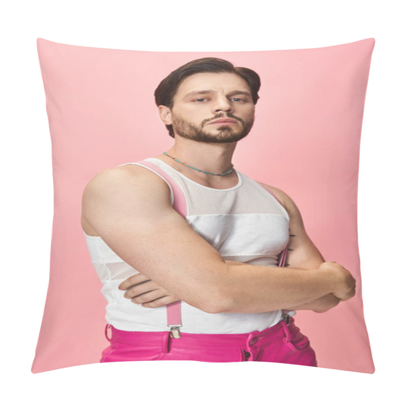 Personality  Person Radiates Confidence In Bright Attire Against A Pink Backdrop, Celebrating Self Expression. Pillow Covers