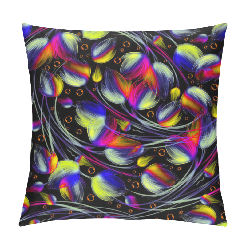 Personality  Seamless Background With Bright Neon Buds On A Black Background. Pillow Covers