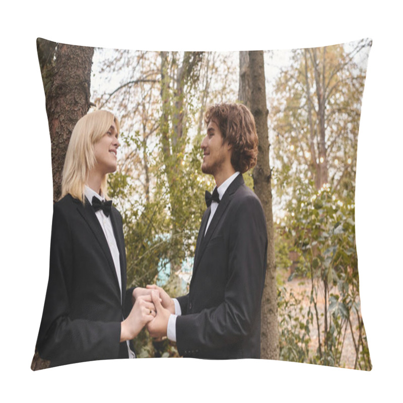 Personality  Two Young Men Dressed Elegantly Are Holding Hands And Gazing Into Each Others Eyes In A Tranquil Garden. Pillow Covers