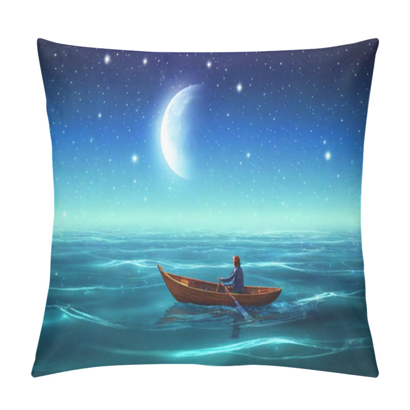 Personality  Moonlit Ocean Ride: A Whimsical, Surreal Illustration Of A Lone Figure On A Boat Being Guided By A Luminous Moon, As Whimsical Fish Swim Through The Air And Stars Twinkle Above The Calm Ocean.  Pillow Covers