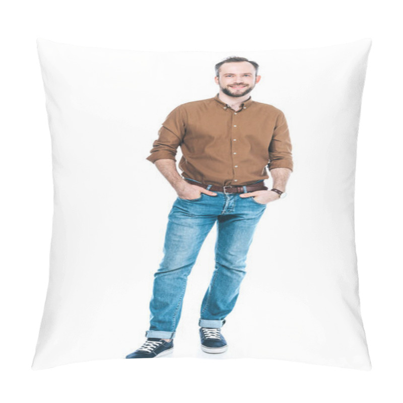 Personality  Full Length View Of Handsome Bearded Man Standing With Hands In Pockets And Smiling At Camera Isolated On White Pillow Covers