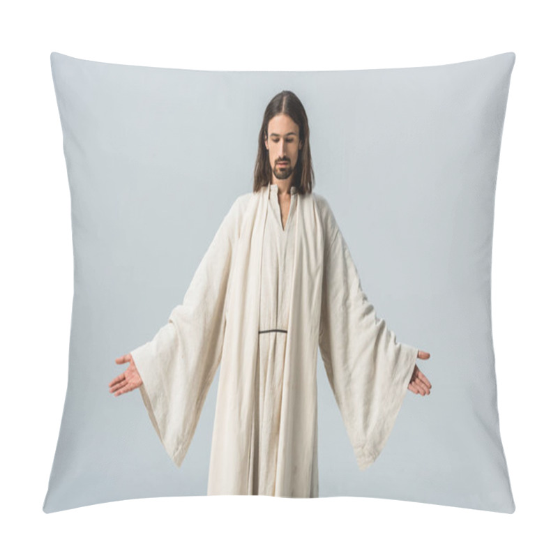 Personality  Man In Jesus Robe Standing With Outstretched Hands Isolated On Grey Pillow Covers