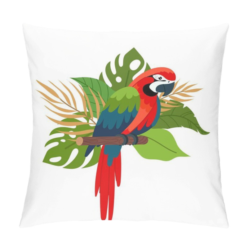 Personality  Parrot On A Background Of Tropical Branches In A Flat Style. Composition Of Tropical Plants And Tropical Bird. Pillow Covers