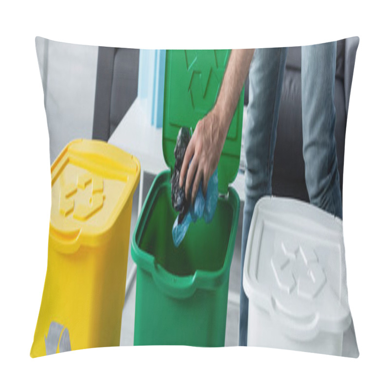 Personality  Cropped View Of Man Putting Plastic Bags In Trash Can With Recycle Sign At Home, Banner  Pillow Covers