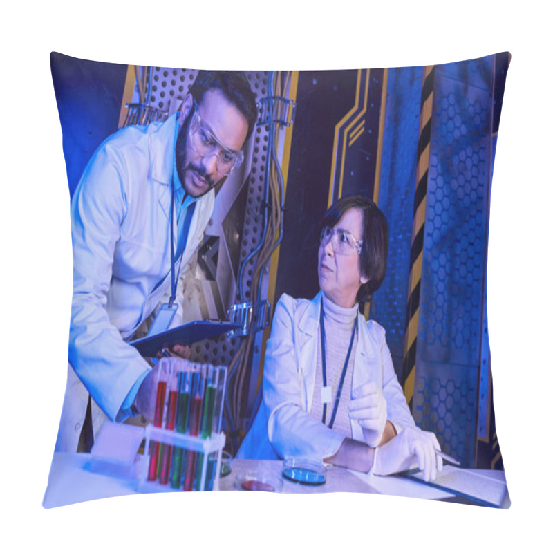 Personality  Indian Scientist Looking At Test Tubes With Alien Life Samples Near Colleague In Neon-lit Lab Pillow Covers