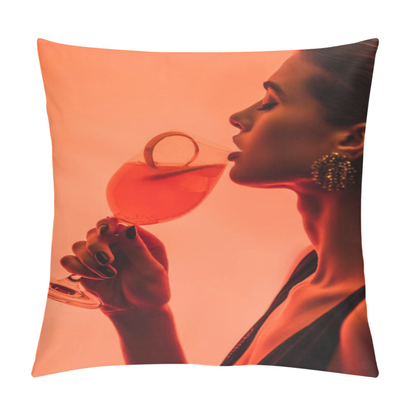 Personality  Profile Of Woman Holding Glass With Mixed Cocktail And Orange Peel On Pink  Pillow Covers