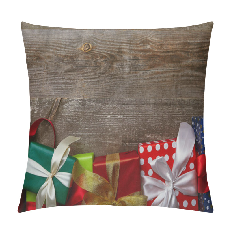 Personality  Flat Lay With Presents Wrapped In Different Wrapping Papers With Ribbons On Wooden Background Pillow Covers