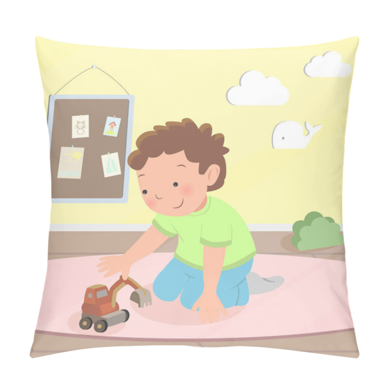 Personality  Cute Boy Sitting On Floor And Playing With Car. Child In Kindergarten. Cartoon Vector Illustration Pillow Covers