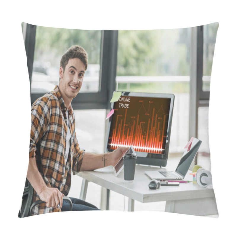 Personality  Smiling Programmer Looking At Camera While Sitting Near Computer Monitor With Online Trade On Screen Pillow Covers