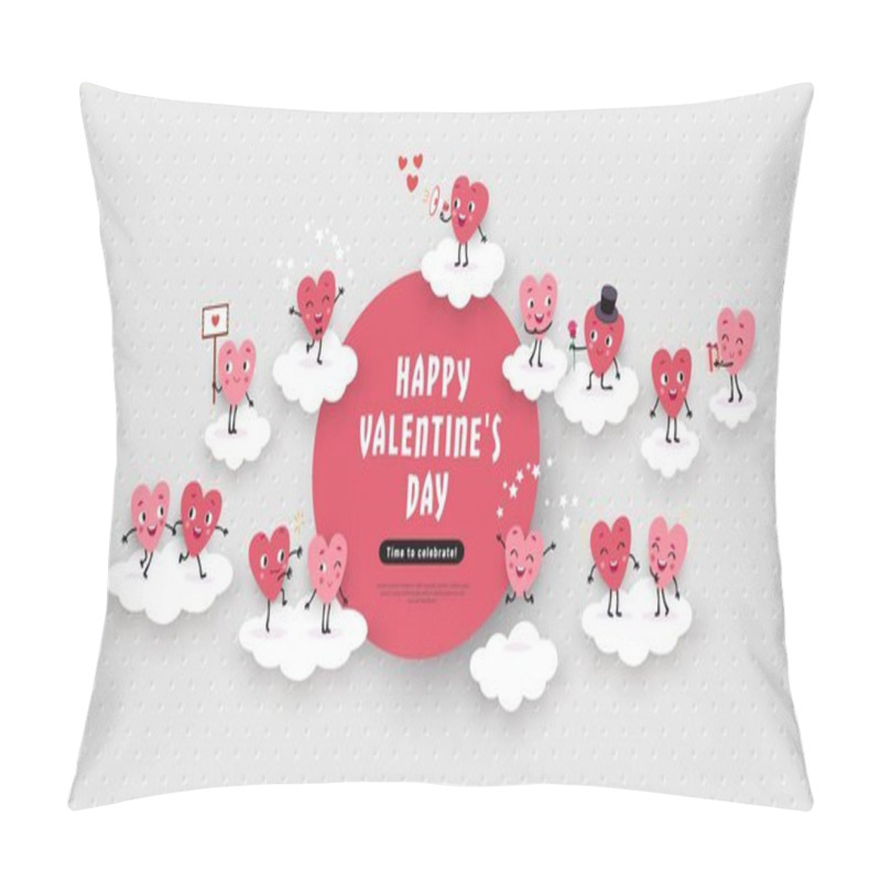 Personality  Happy Valentines Day Festive Advertising Design. 3d Paper Cut Animated Couples Of Loving Hearts, Clouds, Air, Space For Text. Love Story, Funny Romantic Symbols In Different Situations, Vector Pillow Covers