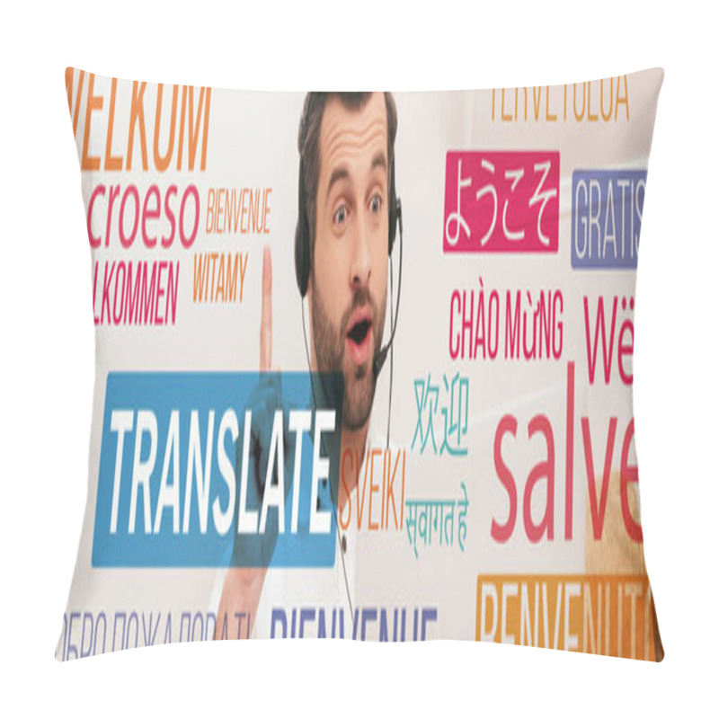 Personality  Panoramic Orientation Of Shocked Freelancer In Headset Showing Idea Gesture During Video Call On Laptop, Translation Illustration Pillow Covers