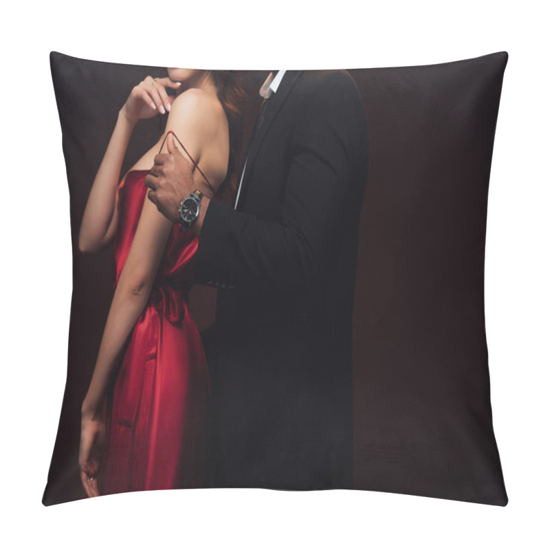 Personality  Partial View Of African American Man Undressing Woman In Red Dress Isolated On Black With Copy Space Pillow Covers