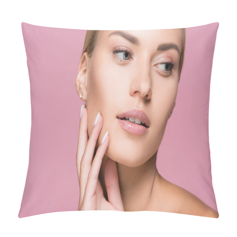 Personality  Beautiful Blonde Woman With Perfect Skin Touching Face Isolated On Pink Pillow Covers