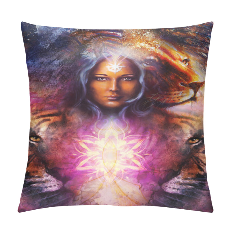 Personality  Painting Mighty Lion And Tiger Head On Ornamental Background And Mystic Woman Face, Computer Collage. Pillow Covers