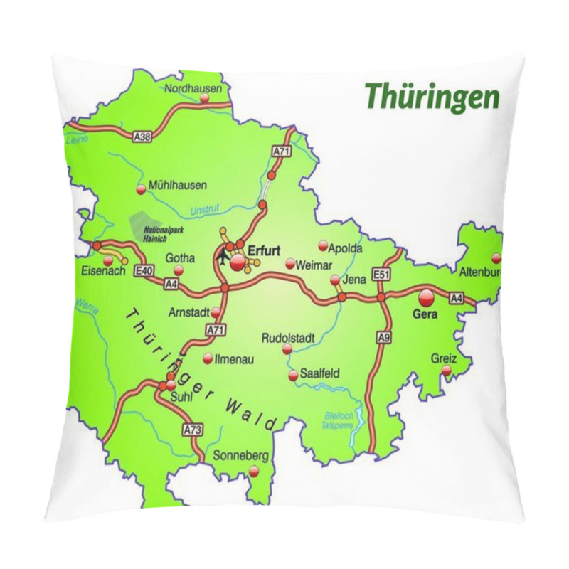 Personality  Thuringia In Germany As An Island Map With A Transport Network The Attractive Design Fits The Map Perfectly Into Your Project. Pillow Covers