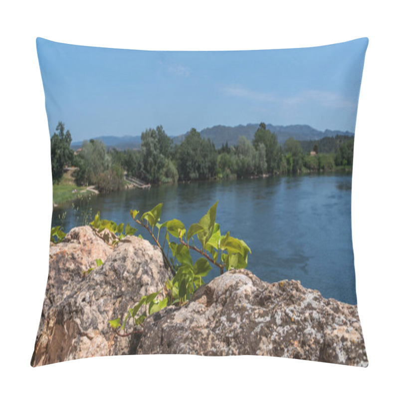 Personality  Young Plants Sprout From A Rocky Foreground, Overlooking The Serene Flow Of A River Embraced By Lush Trees Against The Backdrop Of Distant Mountains Under A Clear Sky. Pillow Covers