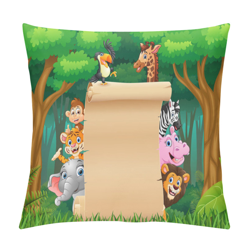 Personality  Illustration Of Animals With Paper Blank Sign At Forest Pillow Covers