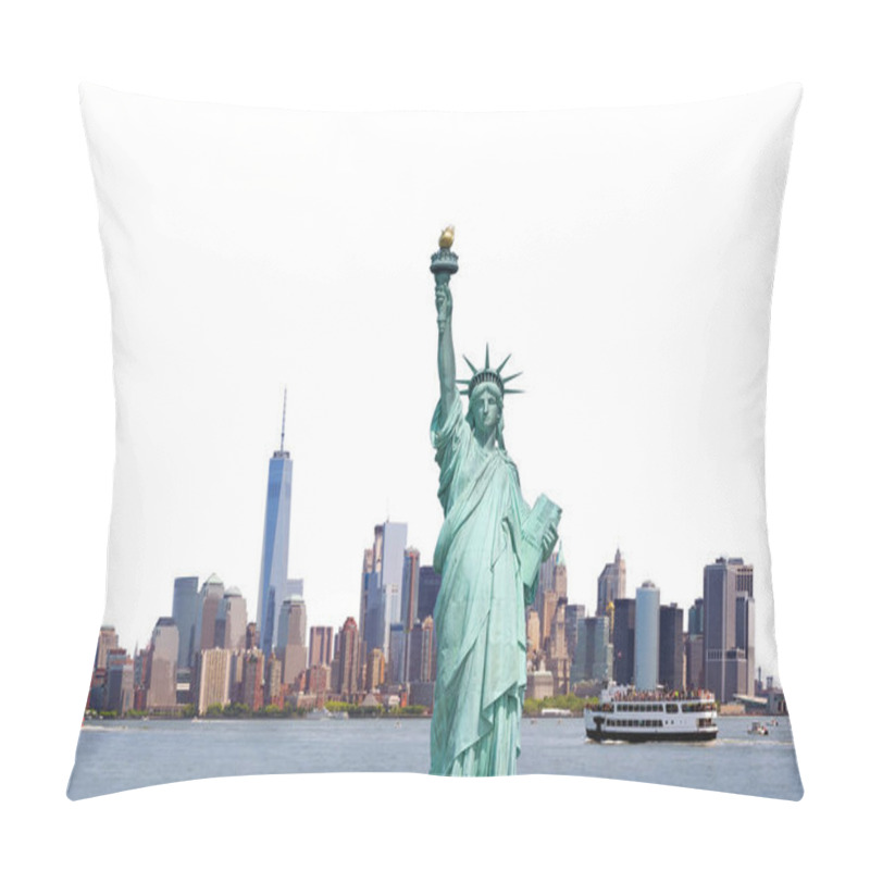 Personality  Statue Of Liberty, Skyline Of New York City Isolated On White Background, USA Pillow Covers