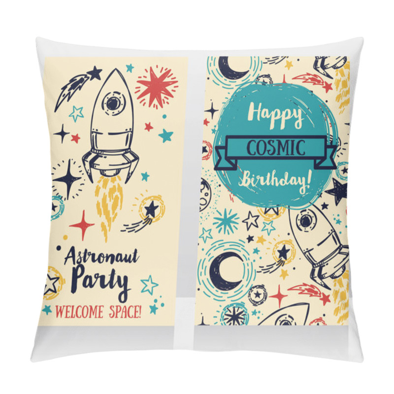 Personality  Cute Hand Drawn Rocket On Stars Background, Invitation Cards For Boy's Birthday Party, Sketch Style Vector Illustration Pillow Covers