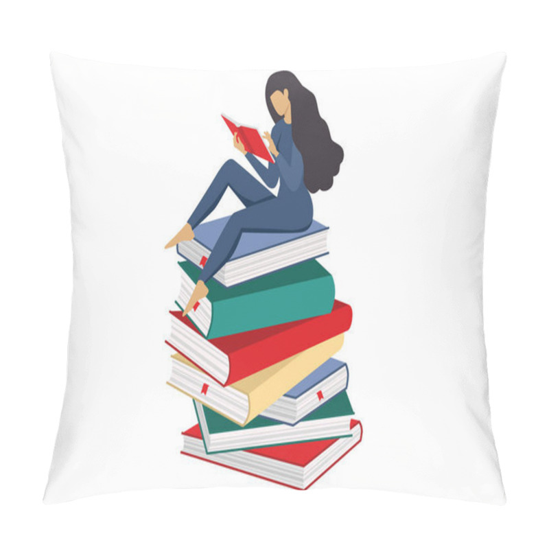 Personality  Woman Reading Book. Flat Cartoon Vector Illustration. Pillow Covers