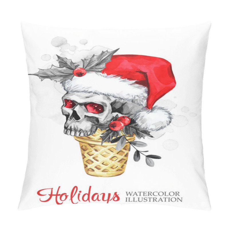 Personality  Watercolor Illustration. Hand Painted Waffle Cone With Skull In Santa Hat. Funny Ice Cream Dessert. Christmas, New Year Symbol. Pillow Covers